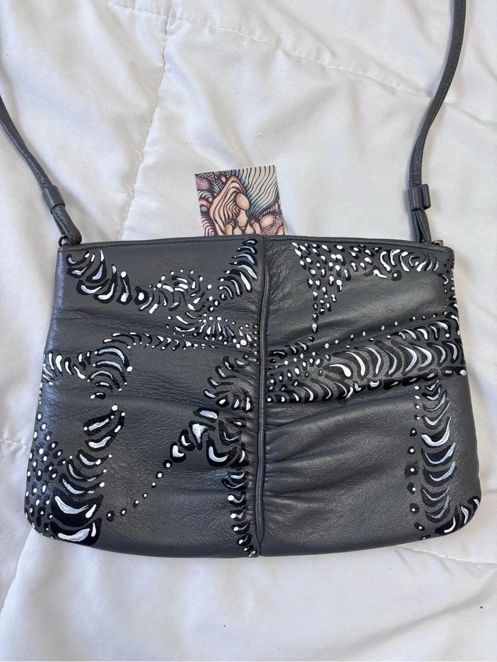 Hand-Painted Grey Leather Crossbody Bag
